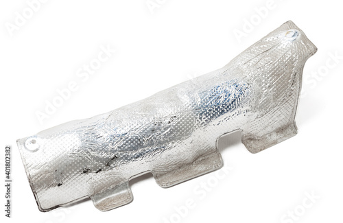 Heat shield made of aluminum to protect vehicle body parts from hot exhaust. Car spare parts catalog.