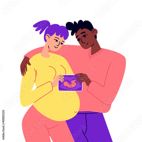 Young future parents are holding a snapshot of the unborn child. A happy pregnant woman stands hugging her husband after an ultrasound examination. Vector stock illustration in cartoon style on white.