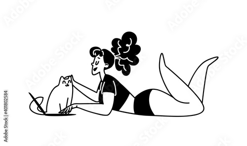 Hand-drawn girl lies in front of a laptop and strokes a pet cat. Young woman black on white in a top and short shorts is typing on the computer lying down. Vector stock illustration isolated on white.