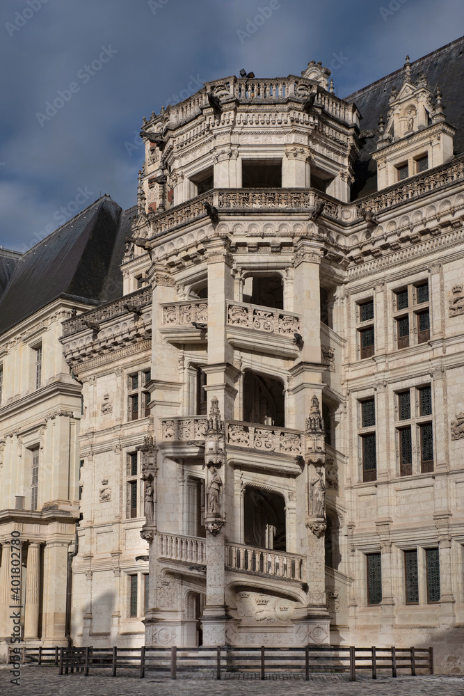 Façade of Blois Castle on the banks of the Loire in France