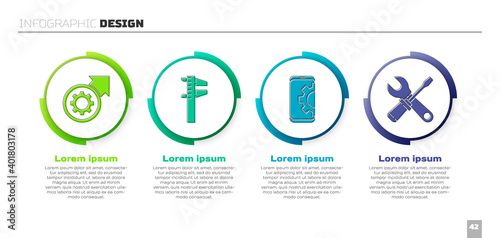 Set Gear and arrows as workflow process, Calliper or caliper and scale, Setting on smartphone and Screwdriver and wrench spanner. Business infographic template. Vector.