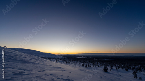 Pallas fell in Finnish Lapland at first light in the midwinter morning. Sun doesn t actually rise above horizon but still gives few hours of light.