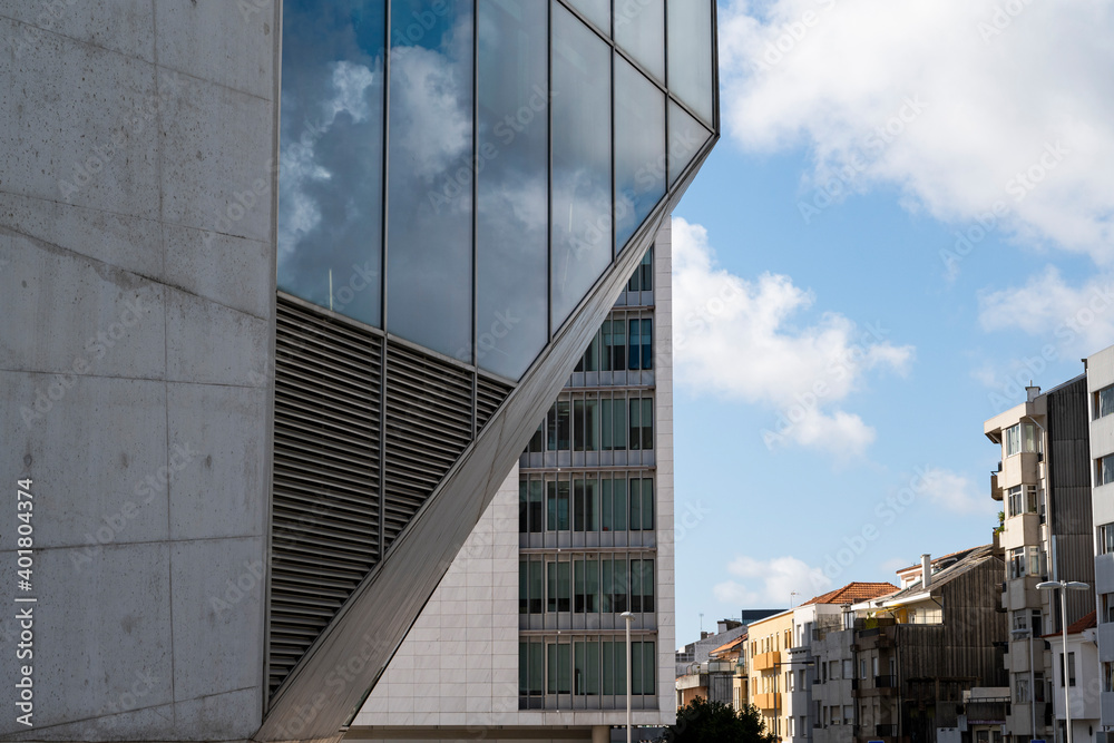 Close up shot of the Casa da Musica do Porto (Porto Music House). Detail of the glass and concrete. Abstract image.
