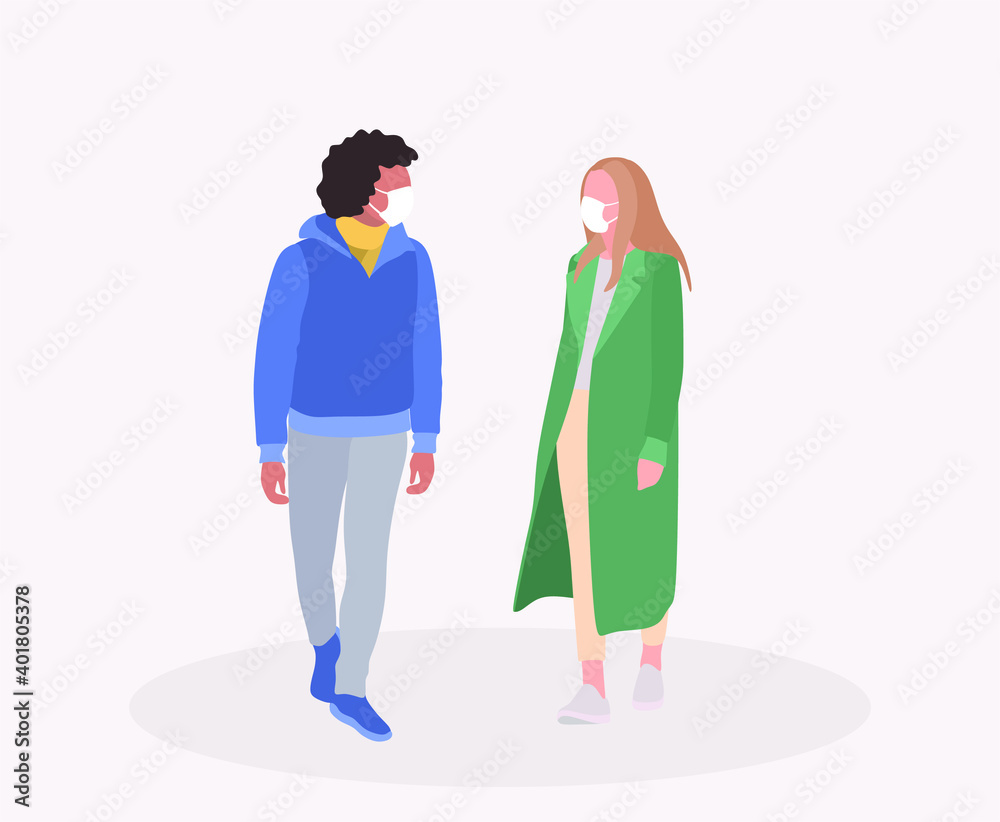 Couple in love in face masks on a walk. Man and women in respirators. Protection from coronavirus outbreak, pandemic prevention. Vector flat  illustration