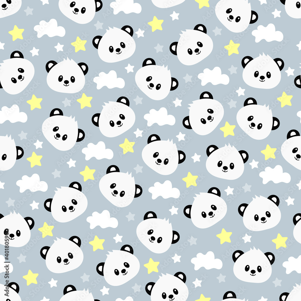 Seamless pattern with cute cartoon panda. Vector illustration.