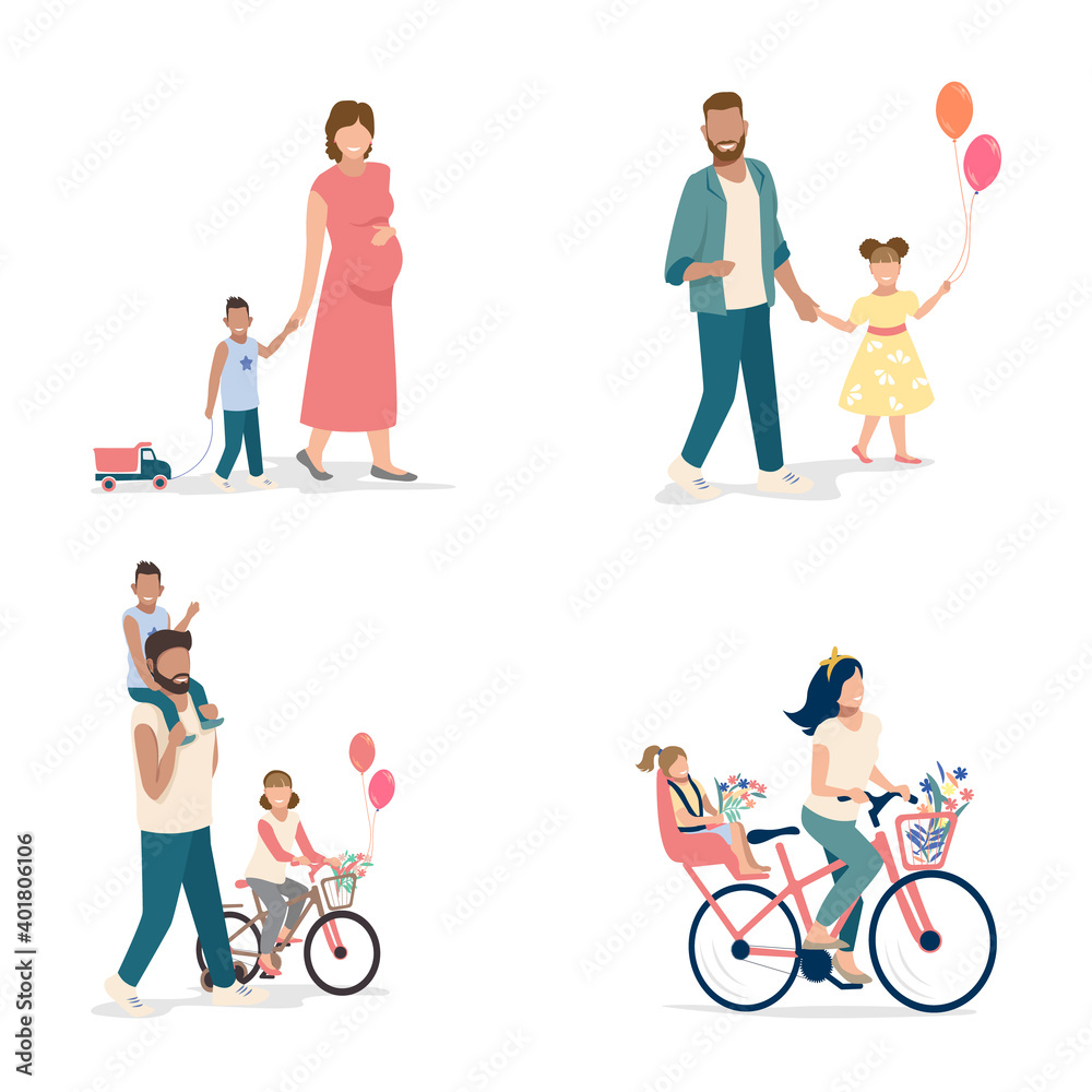 A set of illustrations of parents with children walking in the park. Sports and recreation. Flat vector illustration isolated on white background. A set of illustrations of parents with children walking in the park. Sports and recreation. Flat vector illustration isolated on white background.