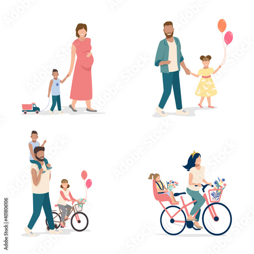 A set of illustrations of parents with children walking in the park. Sports and recreation. Flat vector illustration isolated on white background.