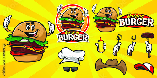 Cartoon happy burger character logo