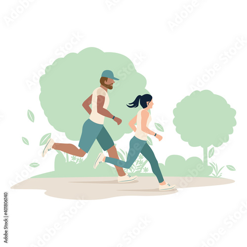 A man and a woman are running in the park. Sports and recreation. Flat vector illustration.