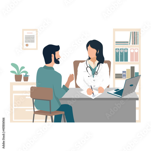 The patient and the doctor are talking in the office. Health and medicine. Flat vector illustration.