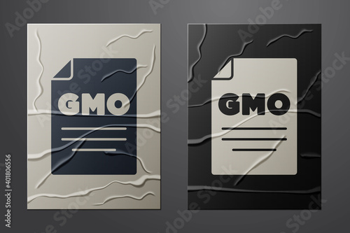 White GMO icon isolated on crumpled paper background. Genetically modified organism acronym. Dna food modification. Paper art style. Vector.