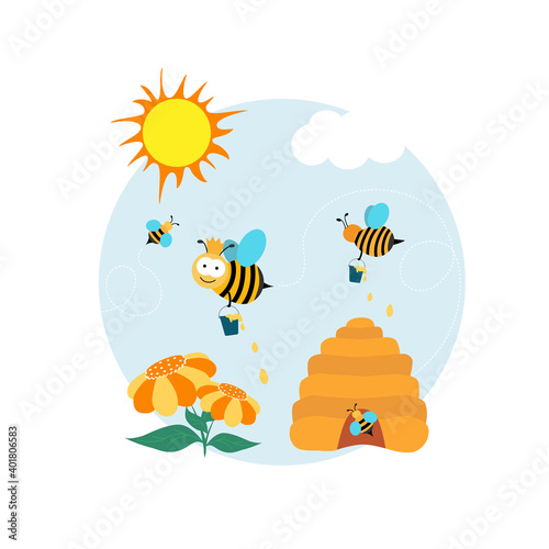 Wasp, bee cartoon character, sunflower, flat vector style. Spring, summer season. Banner, label, background. Vector illustration, isolated objects.