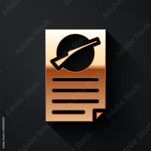 Gold Firearms license certificate icon isolated on black background. Weapon permit. Long shadow style. Vector.