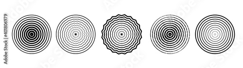 Vector illustration for sound wave. Black and white color ring. Circle rotation target. Radio station signal. Central minimal radial ripple line outline abstraction.