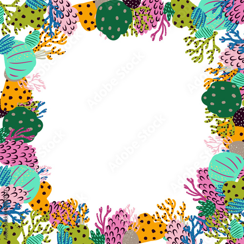 Abstract frame made of flowers and corals. Marine plants. Vector illustration.