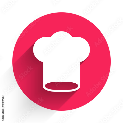 White Chef hat icon isolated with long shadow. Cooking symbol. Cooks hat. Red circle button. Vector.