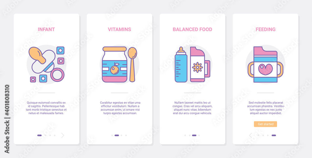 Feeding baby vector illustration. UX, UI onboarding mobile app page screen set with line newborn nipple and bottle, food infant baby eating accessory and healthy nutrition vitamins for child health