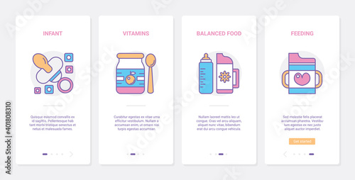 Feeding baby vector illustration. UX, UI onboarding mobile app page screen set with line newborn nipple and bottle, food infant baby eating accessory and healthy nutrition vitamins for child health