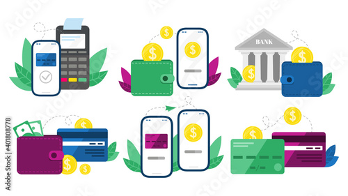 Money transactions. Cash transfers, mobile payments using smartphone and credit card transfer. Digital banking terminal, online payment service. Isolated vector symbols illustration set