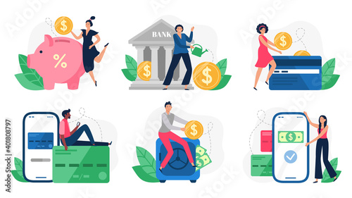 Digital banking. Bank transactions, credit card payment and internet payments. Online pay, payment machine or credit buying transaction. Flat isolated vector illustration icons set