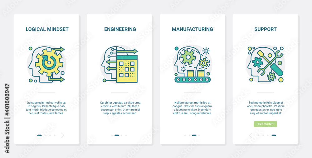 Mind brain technology vector illustration. UX, UI onboarding mobile app page screen set with line logical thinking brainstorm symbols, manufacturing engineering and support mental smart processes