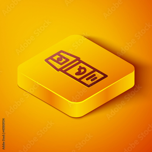 Isometric line Pepper spray icon isolated on orange background. OC gas. Capsicum self defense aerosol. Yellow square button. Vector.