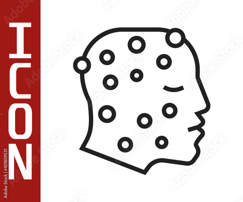 Black line Face with psoriasis or eczema rash icon isolated on white background. Concept of human skin response to allergen or chronic body problem. Vector.
