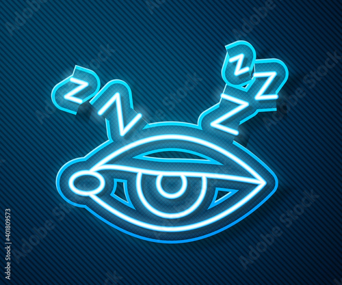 Glowing neon line Insomnia icon isolated on blue background. Sleep disorder with capillaries and pupils. Fatigue and stress. Vector.