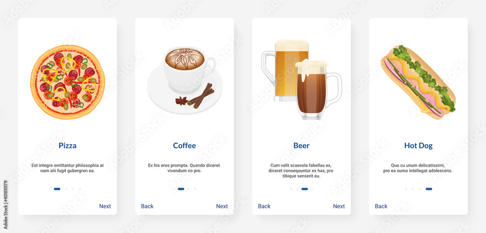 Cafe fast food and drink menu cartoon vector illustration. UX, UI onboarding mobile app page screen set with fastfood takeaway pizza coffee beer hot dog for bar, coffeehouse or pizzeria restaurant