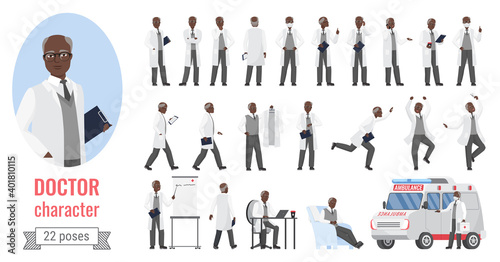 Doctor man poses vector illustration set. Cartoon elderly male medical worker character woking in hospital in different poses, senior medic, physician healthcare staff posing isolated on white