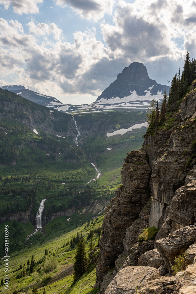 Waterfall Tumbles out of Logan Pass into Valley