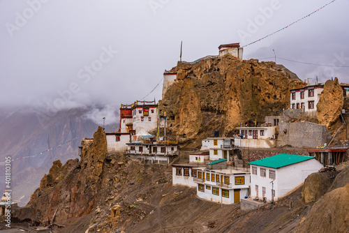 Dhankar Gompa is a Buddhist temple built on a high spur or cliff at  elevation of 3894m overlooking the confluence of Spiti and Pin Rivers at Dhankar village, Spiti Valley, Himachal Pradesh, India. photo