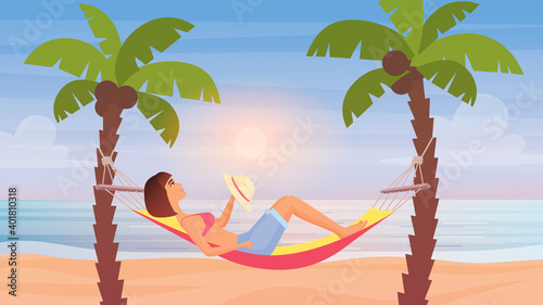 Girl lying in hammock, sea beach summer landscape vector illustration. Cartoon young cute woman character resting, comfortable hammock hanging on palm trees of tropical beachside seashore background