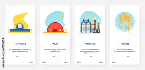 Agricultural production, harvesting cartoon vector illustration. UX, UI onboarding mobile app page screen set with working agriculture harvester machine, food processing plant, growing wheat products