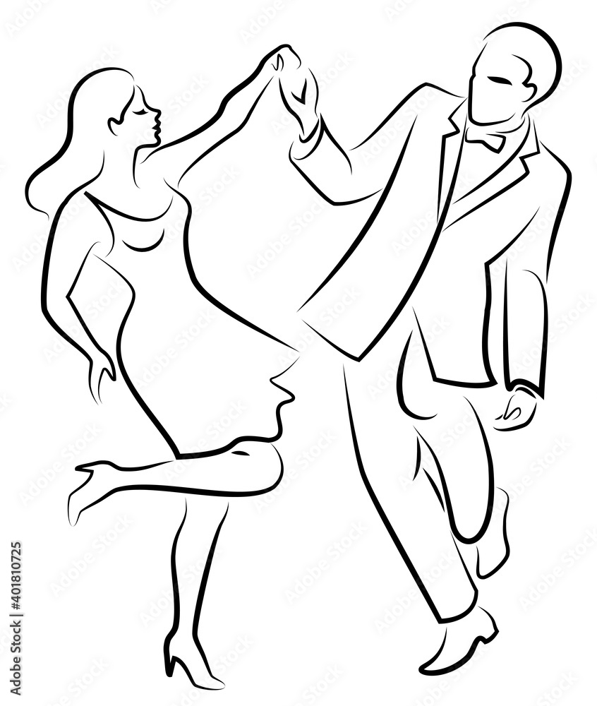 Beautiful young couple. The girl and the guy are dancing. Creative art. Graphic image. Vector illustration.