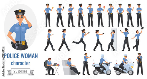 Police officer woman poses vector illustration set. Cartoon young female worker character working in different poses, gestures and actions, posing with phone, gun, police motorcycle isolated on white