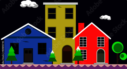 An illustration of town. A vector design of a town during winter. A set of colorful houses.
