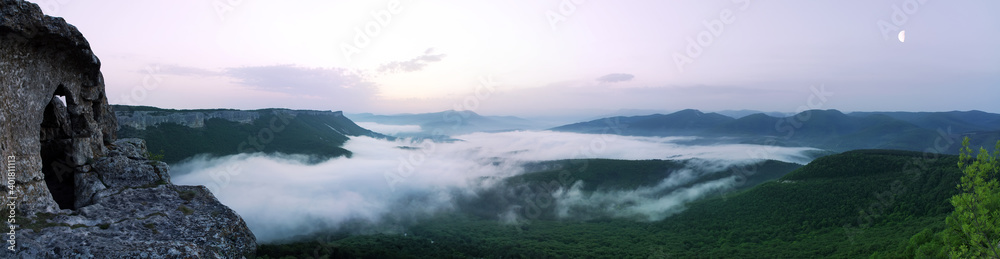 Sunset over the mountains, Fog over the mountains, Mangup Kale, Cave towns of Crimea, Crimea, , Black Sea