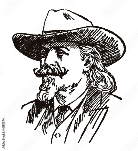 Portrait of William Frederick Cody, Buffalo Bill in three-quarter view, after antique sketch from 19th century