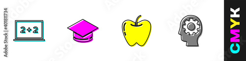 Set Chalkboard, Graduation cap, Apple and Head with gear inside icon. Vector.