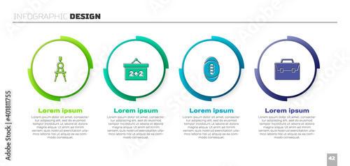 Set Drawing compass, Chalkboard, American Football ball and Briefcase. Business infographic template. Vector.