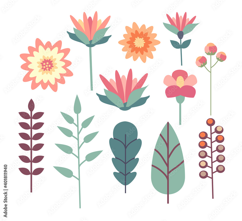 Vector set of flowers, stems, branches and leaves isolated on white in flat style.. Can be used for wallpaper, pattern fills, web page background, surface texture, fabric, baby clothes design.