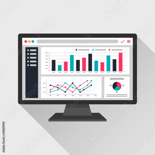 Web analytic information on Computer screen flat icon. trend graphs report concept. statistic charts for planning and accounting, analysis, audit, management, marketing, research vector illustration.