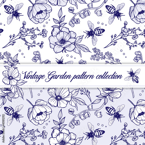 Elegant vintage outline herbal pattern with flowers and bees