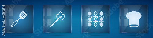 Set Spatula, Burning match with fire, Grilled shish kebab and Chef hat. Square glass panels. Vector.