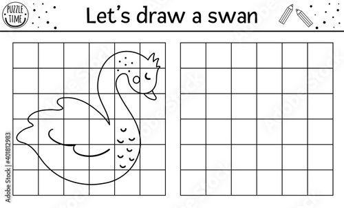 Complete the swan picture. Vector Saint Valentine day drawing practice worksheet. February printable black and white activity for pre-school children. Copy the picture game for kids with cute bird. .