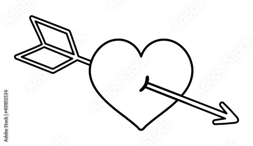 Vector black and white heart with arrow shot through. Saint Valentine’s day symbol. Funny element with love concept isolated on white background. Playful February holiday line icon.