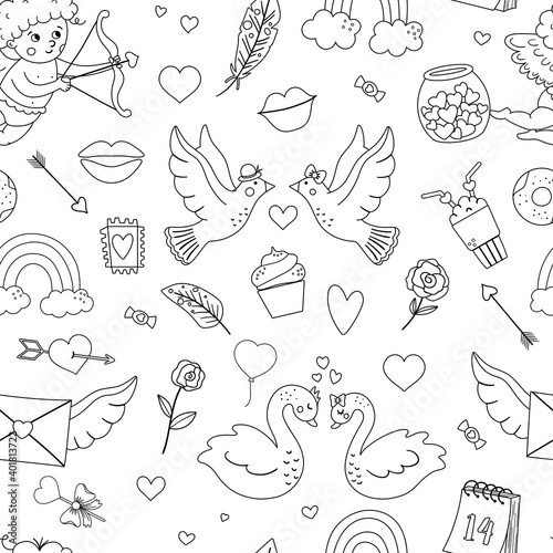 Vector black and white seamless pattern with Saint Valentine’s day symbols. Repeating background with cute characters and love objects. Playful February holiday line texture or coloring page.