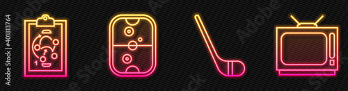Set line Ice hockey stick, Planning strategy, Air hockey table and Retro tv. Glowing neon icon. Vector.