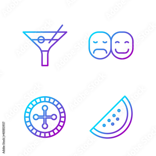 Set line Casino slot machine with watermelon, Casino roulette wheel, Martini glass and Poker player. Gradient color icons. Vector.